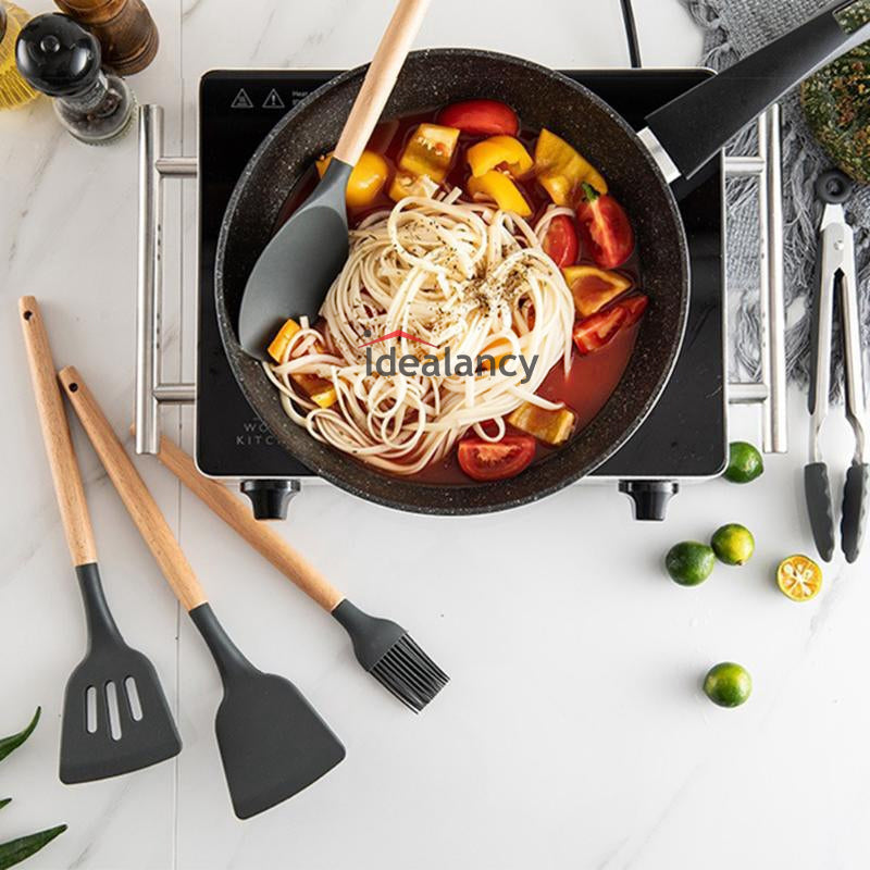Silicone Cooking Utensils Set with Wooden Handle
