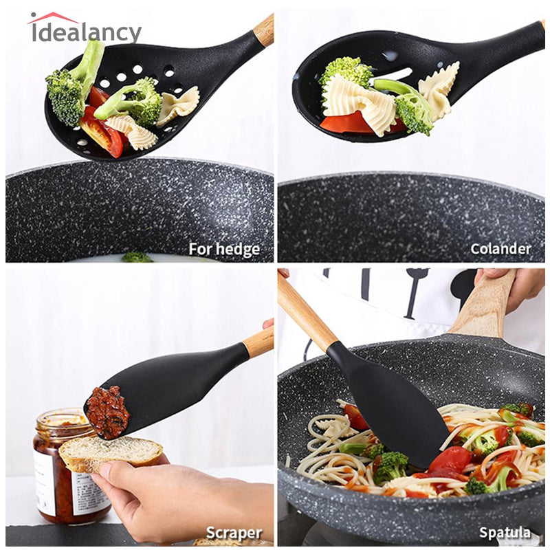 Silicone Cooking Utensils Set with Wooden Handle