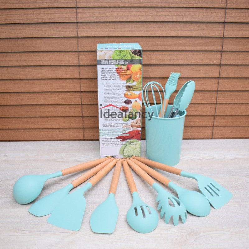 Silicone Cooking Utensils Set with Wooden Handle