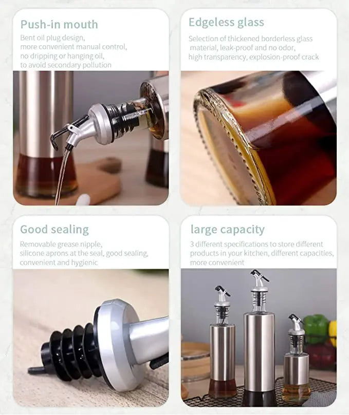 Automatic Gravity Flip Oil Dispenser – 500ml Leak-Proof Glass Bottle with Stainless Steel Lid